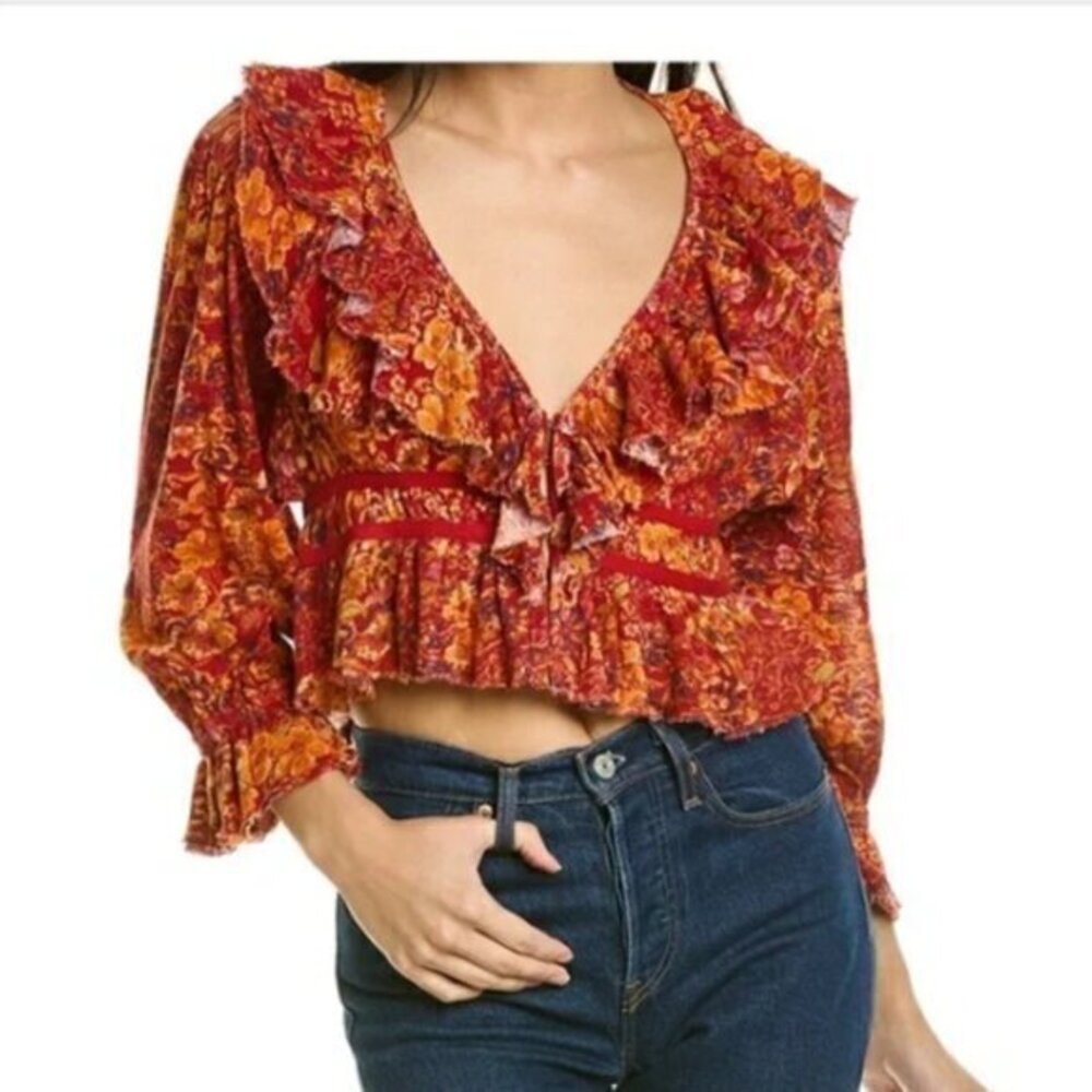 Free People Rudi Printed Ruffle Crop Blouse Top Size Large